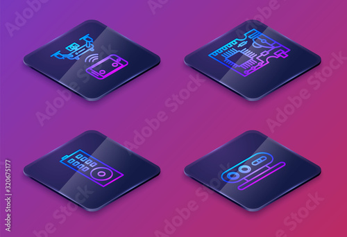 Set Isometric line Remote aerial drone, Remote control, Printed circuit board PCB and 3d scanning system. Blue square button. Vector