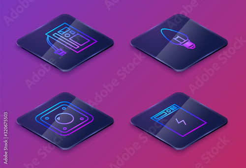 Set Isometric line Battery, Electric light switch, Light bulb and Power bank. Blue square button. Vector