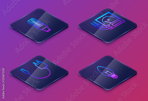 Set Isometric line LED light bulb, Charger, Ampere meter, multimeter, voltmeter and Light bulb. Blue square button. Vector
