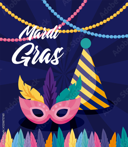 Mardi gras mask and hat with necklaces vector design