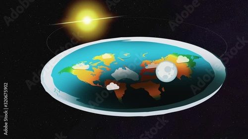 Motion illustration of a flat Earth floating in space, while sun and mood are turning above it. photo