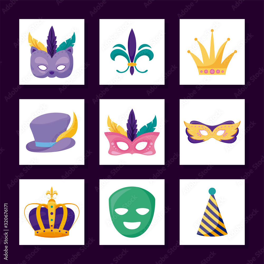 Obraz premium Isolated mardi gras icon set inside frames vector design