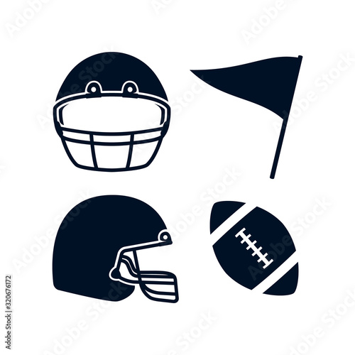 American football rugby helmet front and side view, flag, rugby ball illustration simple icon black color set