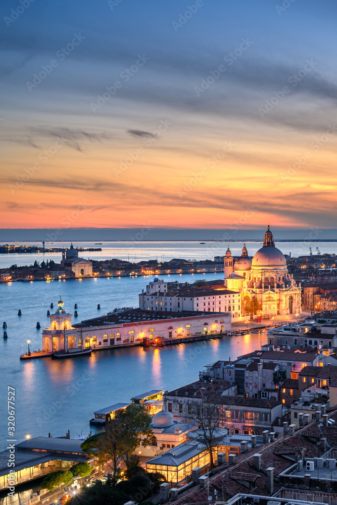 Aerial sunset view of Basilica Santa Maria della Salute in Venice, Italy