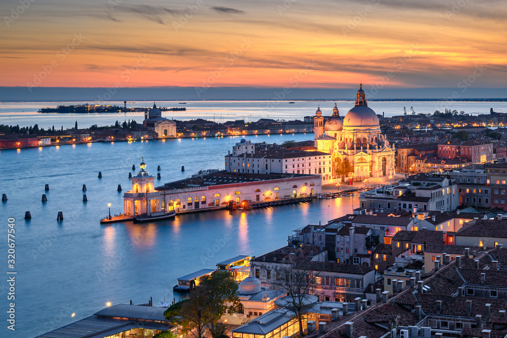 Aerial sunset view of Basilica Santa Maria della Salute in Venice, Italy