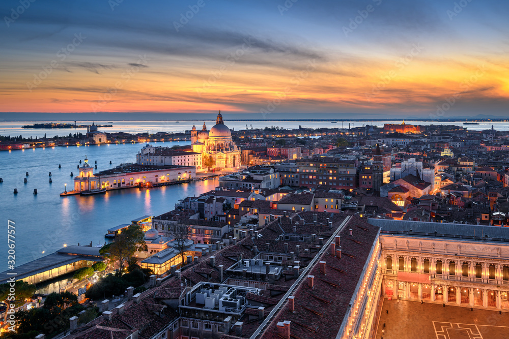 Sunset skyline of Venice with Basilica Santa Maria della Salute and Piazza San Marco