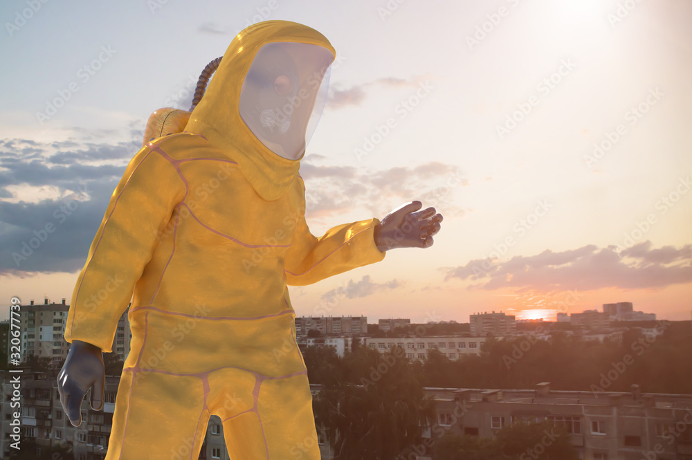 the man in the suit of biohazard chemical protection from biological threats fights with virus of the Coronavirus, 3d render