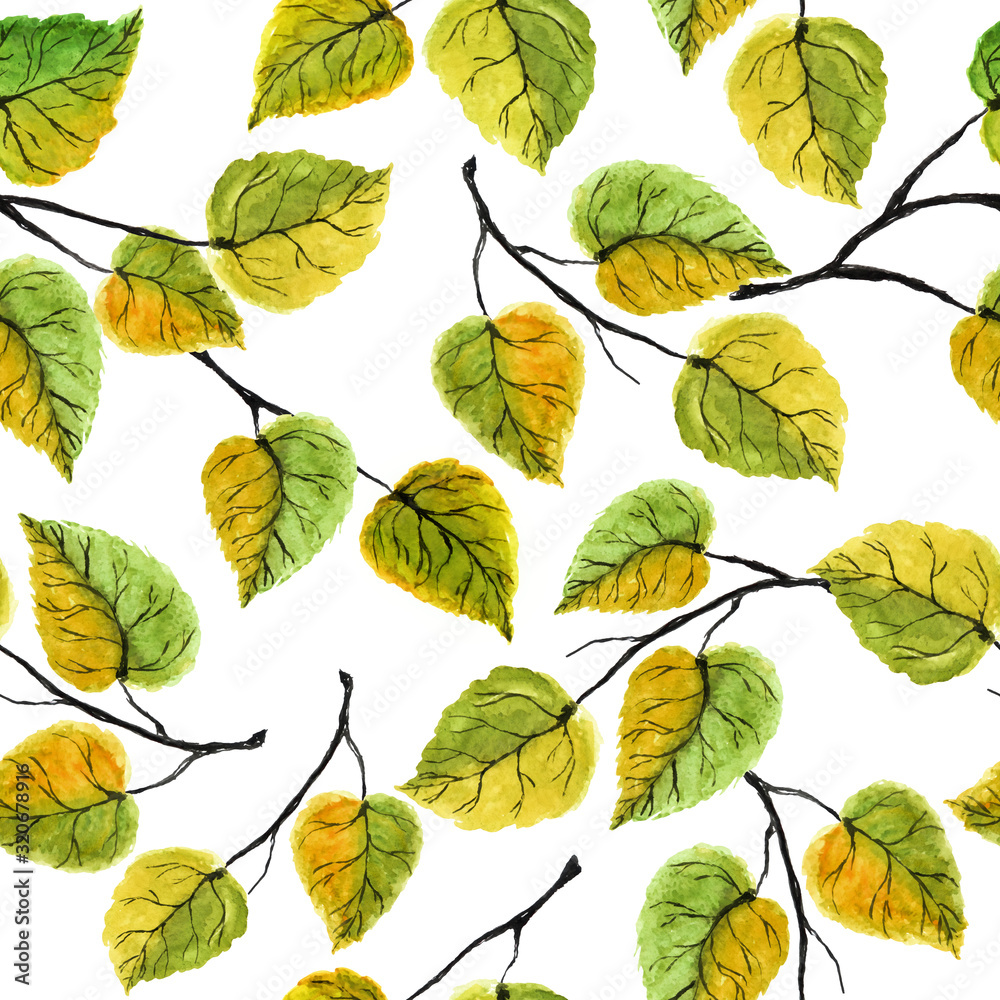 Autumn watercolor leaves with branches on a white background. Seamless pattern for design.