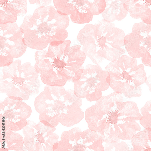 Delicate pink watercolor flowers on a white background. Seamless pattern for design.