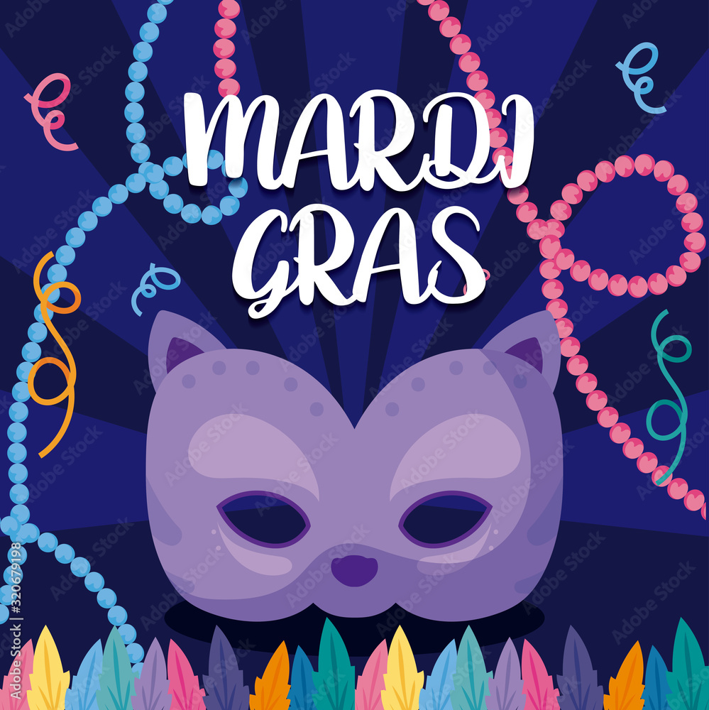 Mardi gras cat mask with necklaces and feathers vector design