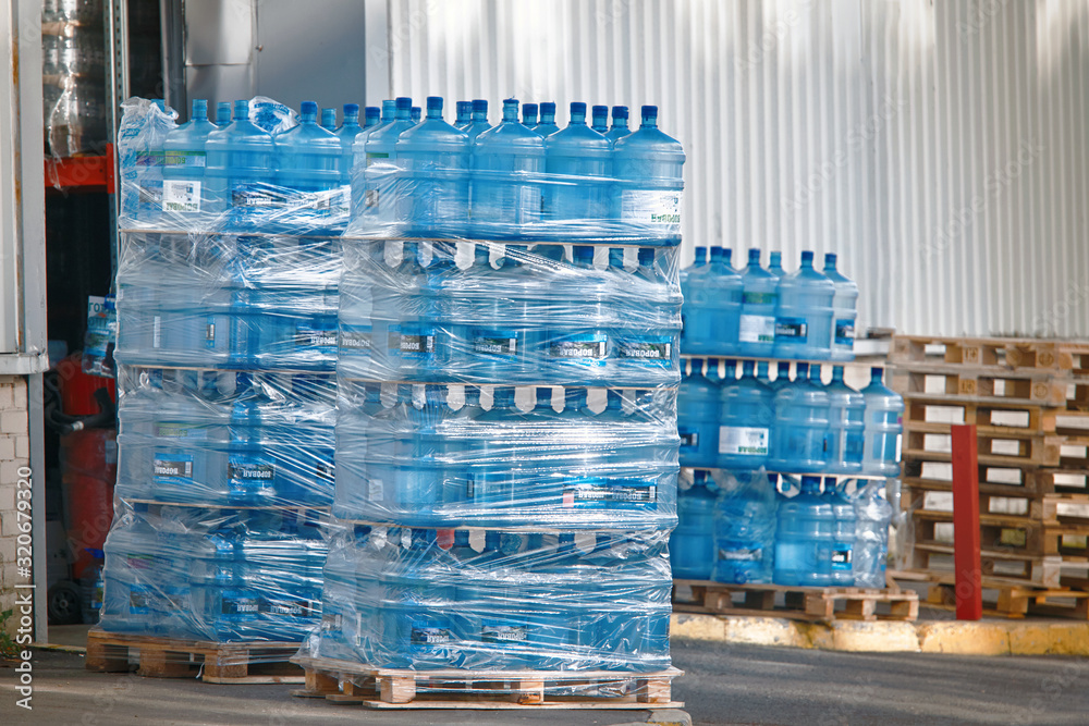 Minsk, Belarus. Oct 2019. Plastic bottles of purified drinking water on
