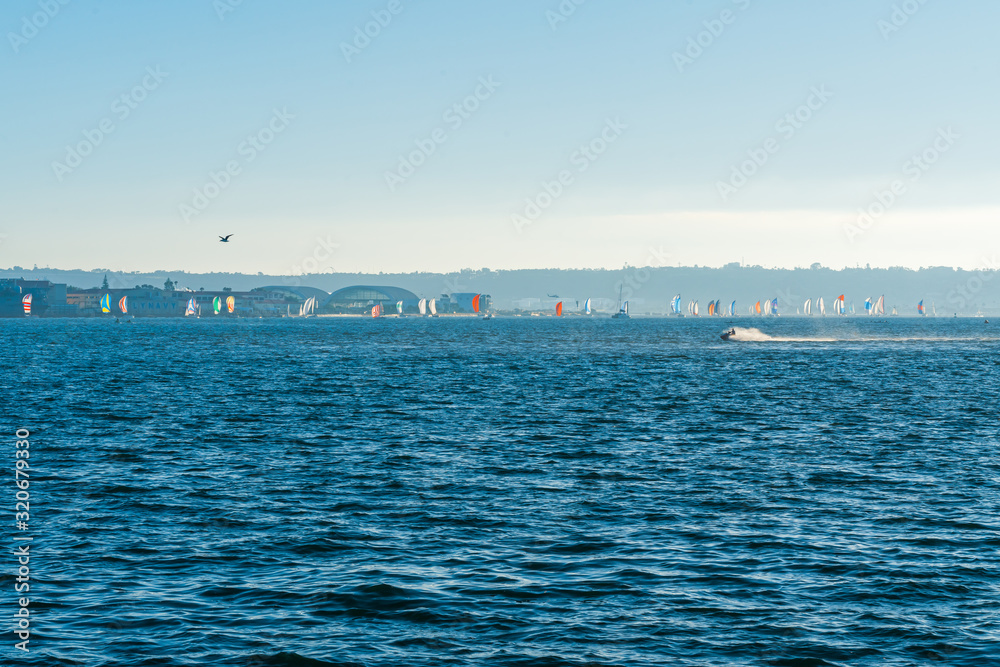 Seascape and San Diego sea regatta on a horizon
