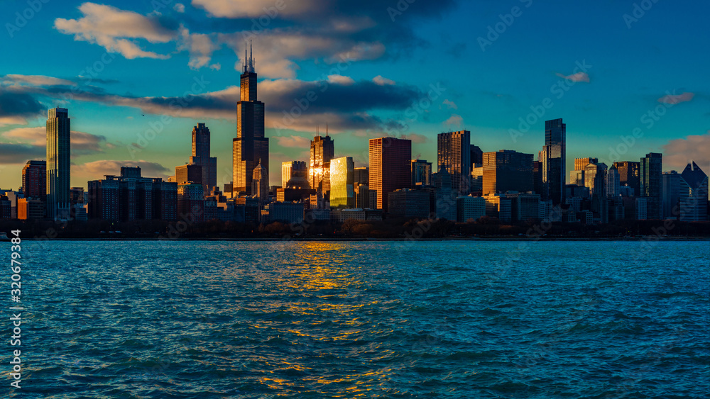 Chicago skyline at sunset, Panoramic view 16x9, January 2019