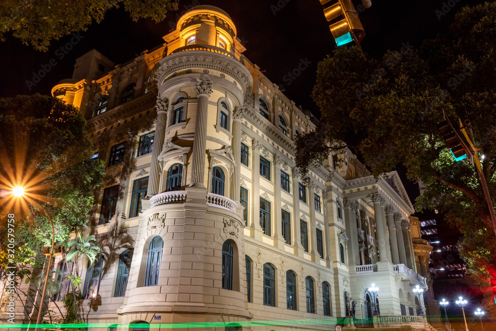 Rio de Janeiro/Brasil - October 03 2019 -  Facade of the National Library on the night  building on Rio Branco Avenue, downtown Rio de Janeiro, inaugurated in October 29 1910