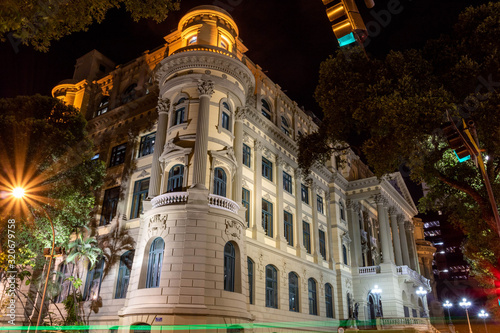 Rio de Janeiro/Brasil - October 03 2019 - Facade of the National Library on the night building on Rio Branco Avenue, downtown Rio de Janeiro, inaugurated in October 29 1910