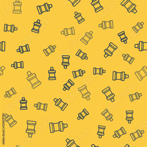 Blue line Mouthwash plastic bottle icon isolated seamless pattern on yellow background. Liquid for rinsing mouth. Oralcare equipment. Vector Illustration