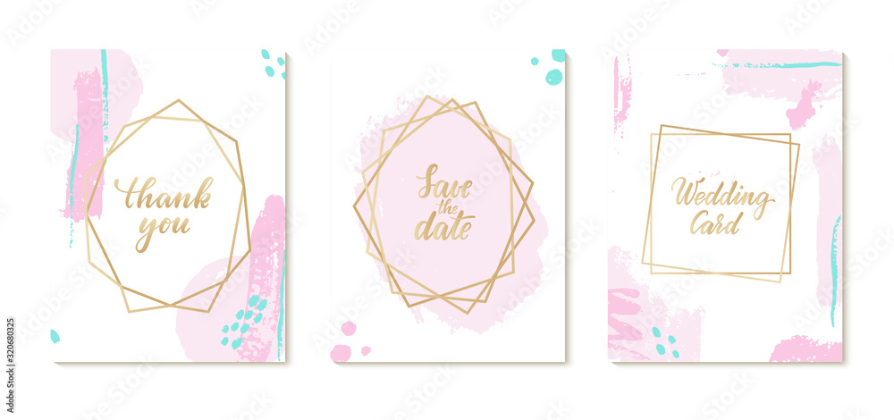 set of Luxury Wedding invitation card with gold geometric polygonal frame, brush stroke pastel colors. design greeting card of wedding, birthday, Valentine Day, mother day, anniversary, holiday party