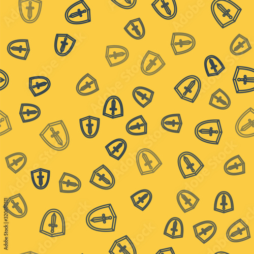 Blue line Medieval shield with sword icon isolated seamless pattern on yellow background. Vector Illustration