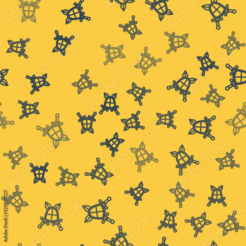 Blue line Medieval shield with crossed swords icon isolated seamless pattern on yellow background. Vector Illustration
