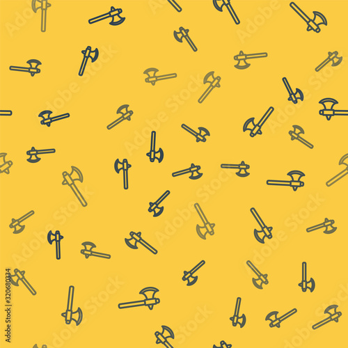 Blue line Medieval axe icon isolated seamless pattern on yellow background. Battle axe, executioner axe. Vector Illustration