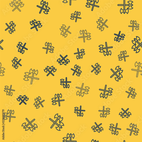 Blue line Crossed medieval axes icon isolated seamless pattern on yellow background. Battle axe, executioner axe. Vector Illustration