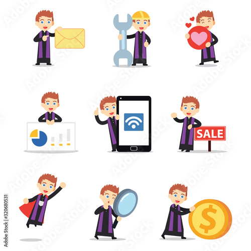 Set of character male priest bring bible on the Church.
