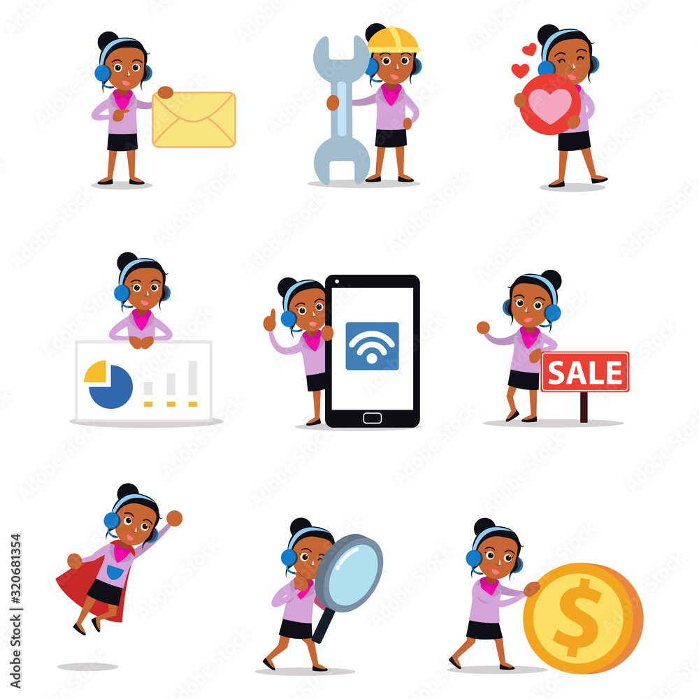 Set of character woman radio jockey wearing headphone. Set of character woman radio jockey wearing headphone.