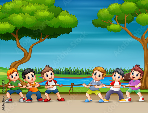 Cartoon children playing tug of war in the park