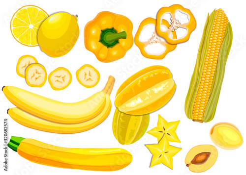 Collection of fresh yellow color vegetables and fruits raw on white background