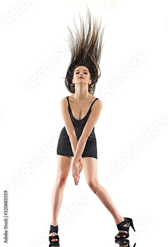 young woman disco dancer dancing isolated white background happy fun