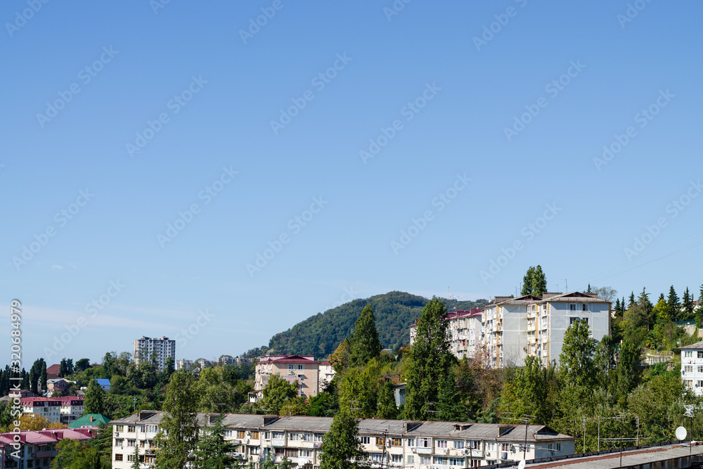 Residential multi-apartment five-story houses. View from above