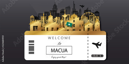 Macau Travel panorama postcard, poster, tour advertising of world famous landmarks in paper cut style. Vectors illustrations