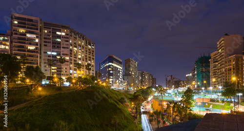 Skyline of Miraflores at night  in Lima  Peru
