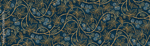 Floral botanical blackberry vines seamless repeating wallpaper pattern- rich gold and royal blue version © kk