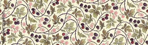 Floral botanical blackberry vines seamless repeating wallpaper pattern- warm faded vintage illustration version photo