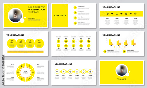 Yellow multipurpose presentation template with list, options, steps, timeline, workflow, graph, diagram. Business infographic, layout for slide, brochure, banner, annual report, advertising, marketing