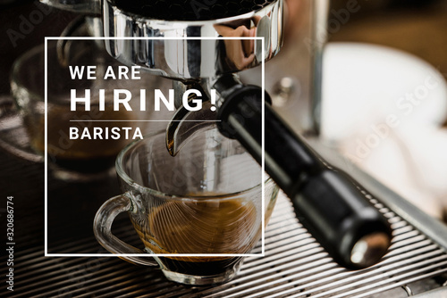 Obraz na plátne Barista job placard with coffee maker machine in background