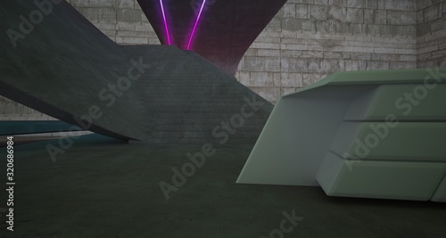 Abstract architectural concrete interior of a minimalist house with colored neon lighting. 3D illustration and rendering.