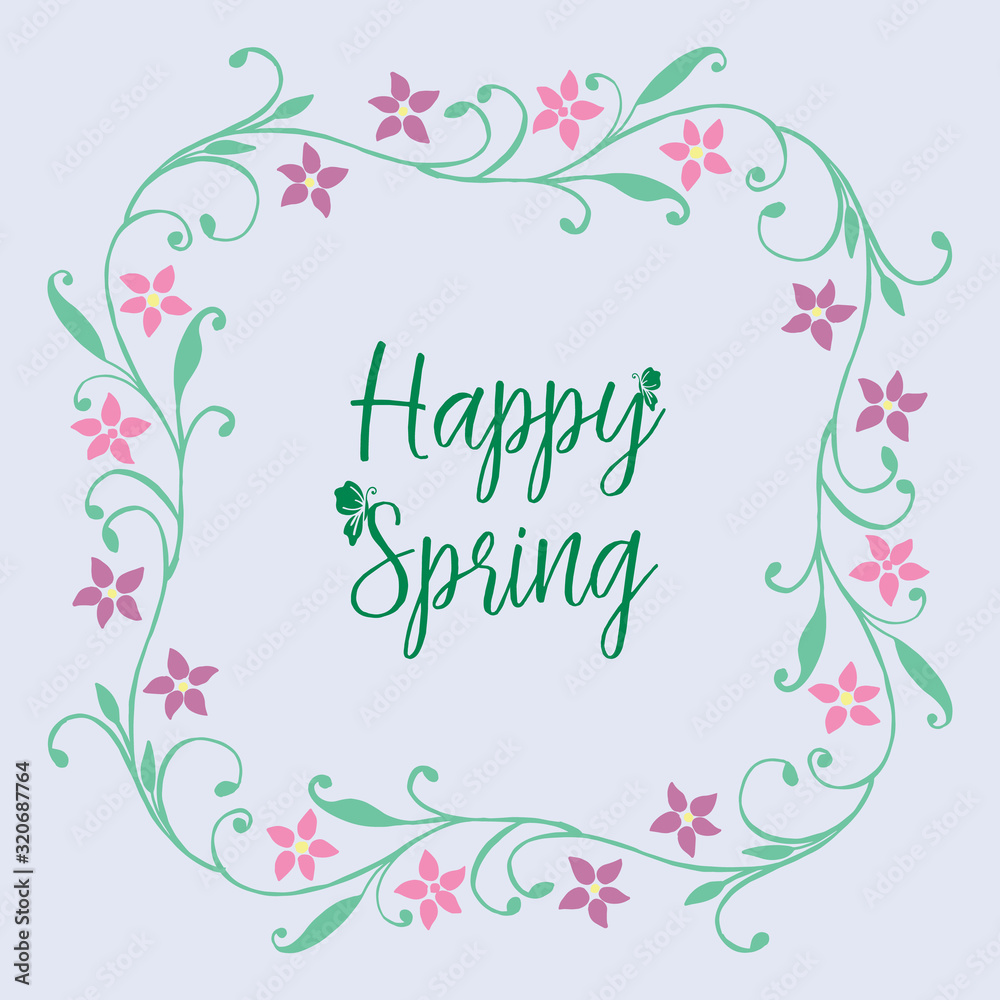 Happy spring greeting card design, with seamless leaf and floral frame. Vector