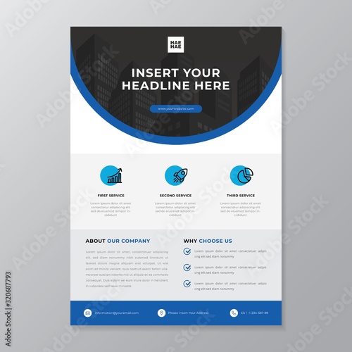 A4 modern elegant business template flayer poster pamphlet brochure with space for photo background in blue, grey and white color cmyk ready to print vector editable layer