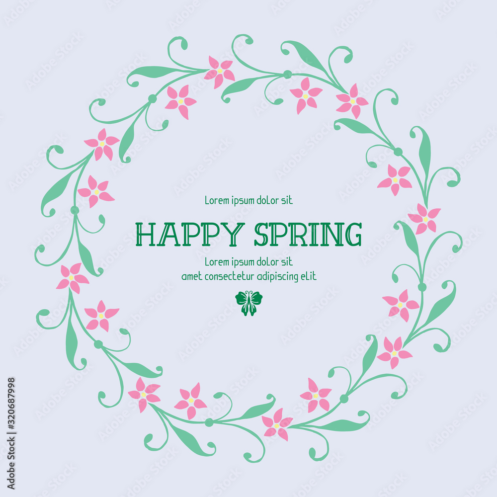 Beautiful greeting card design for happy spring, with cute leaf and floral frame. Vector