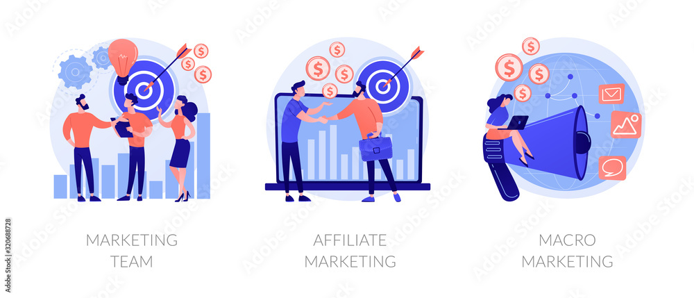 Professional marketers service, advertising business, worldwide networking icons set. Marketing team, affiliate marketing, macro marketing metaphors. Vector isolated concept metaphor illustrations