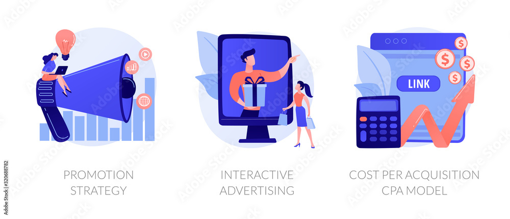 Marketing campaign planning, targeted ad, expenses analysis. Promotion strategy, interactive advertising, cost per acquisition CPA model metaphors. Vector isolated concept metaphor illustrations