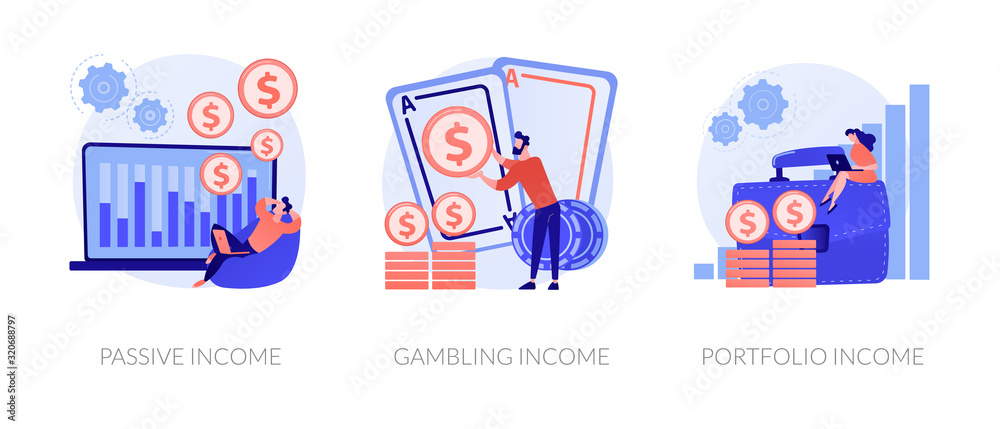 Money earning flat icons set. Business investment, profit increase, revenue growth. Passive income, gambling income, portfolio income metaphors. Vector isolated concept metaphor illustrations.