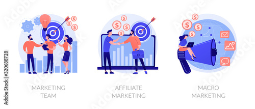 Professional marketers service, advertising business, worldwide networking icons set. Marketing team, affiliate marketing, macro marketing metaphors. Vector isolated concept metaphor illustrations