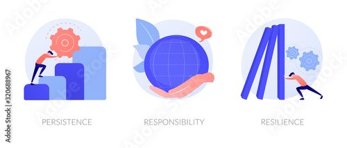 Personal skills development. Self growth and motivation. Career coaching, business training. Persistence, responsibility, resilience metaphors. Vector isolated concept metaphor illustrations.