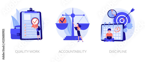 Task and project management icons set. Leadership, career goals and perspectives. Quality work, accountability, discipline metaphors. Vector isolated concept metaphor illustrations. photo