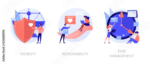 Personal and professional skills icons set. Honesty, responsibility, time management metaphors. Personnel training, employee coaching. Vector isolated concept metaphor illustrations. photo