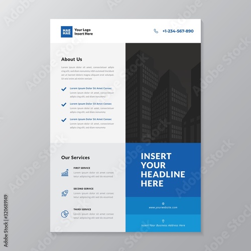 A4 modern elegant business template flayer poster pamphlet brochure with space for photo background in blue, grey and white color cmyk ready to print vector editable layer