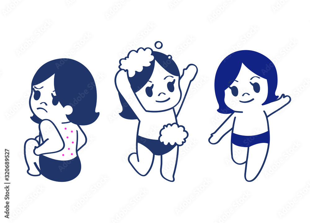 Little girl taking a shower. Cute young girl has allergy diseases